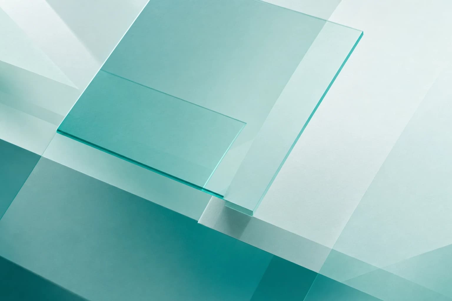 Layered translucent teal planes representing company context being surfaced